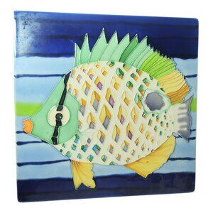 Vtg Ceramic Tropical Fish Art Tile 12"x12" Coastal Wall Decor Felt Glazed READ